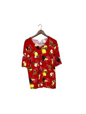 Christopher & Banks Red Floral & Lemon Print Short sleeve sweater Womens Size XL